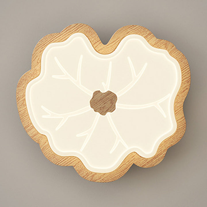 Luz de techo LED montada al ras con base de madera de caucho de hoja de loto creativa contemporánea y pantalla de PE para dormitorio 