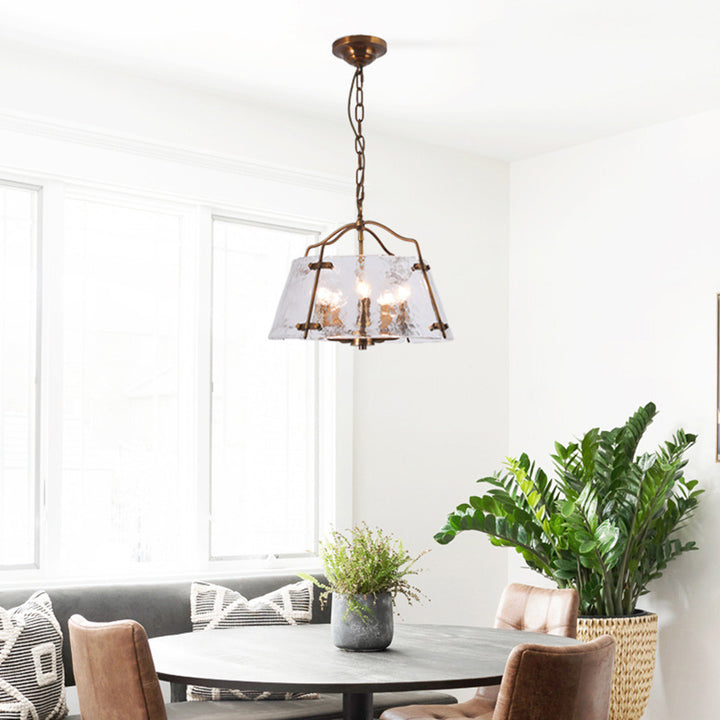 Traditional Rustic Rectangular Trapezoidal Copper Frame Glass Shade 5/7 Light Chandelier For Living Room