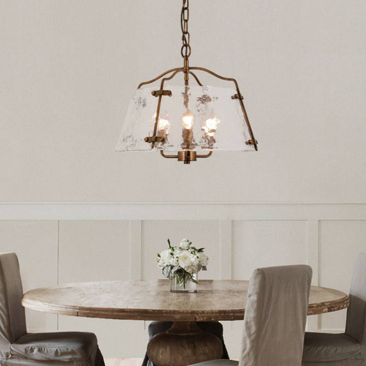 Traditional Rustic Rectangular Trapezoidal Copper Frame Glass Shade 5/7 Light Chandelier For Living Room