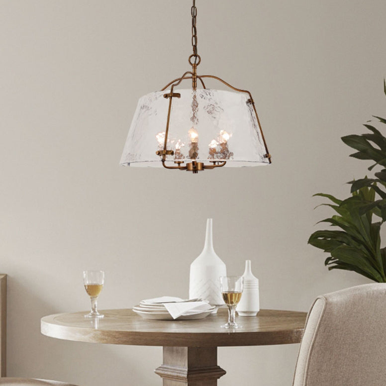 Traditional Rustic Rectangular Trapezoidal Copper Frame Glass Shade 5/7 Light Chandelier For Living Room