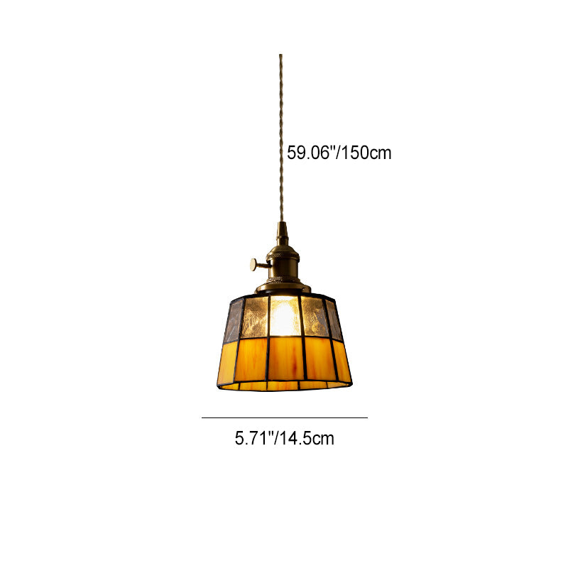 Traditional Vintage Round Square Glass Shade Copper 1-Light Pendant Light For Living Room