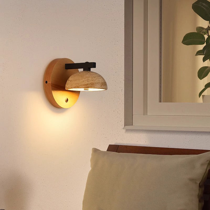 Aplique de pared LED con base de madera y pantalla de travertino amarillo en forma de cúpula media tradicional japonesa para sala de estar 