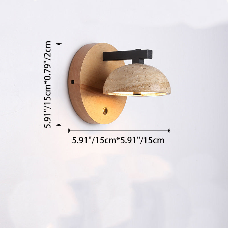 Aplique de pared LED con base de madera y pantalla de travertino amarillo en forma de cúpula media tradicional japonesa para sala de estar 