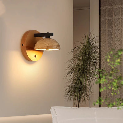 Traditionelle japanische halbrunde Kuppel gelb Travertin Schatten Holzsockel LED Wandleuchte Lampe für Wohnzimmer 