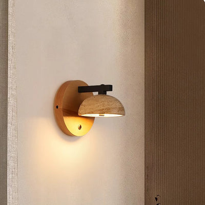 Traditionelle japanische halbrunde Kuppel gelb Travertin Schatten Holzsockel LED Wandleuchte Lampe für Wohnzimmer 