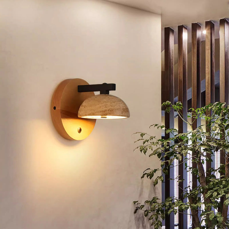 Traditionelle japanische halbrunde Kuppel gelb Travertin Schatten Holzsockel LED Wandleuchte Lampe für Wohnzimmer 