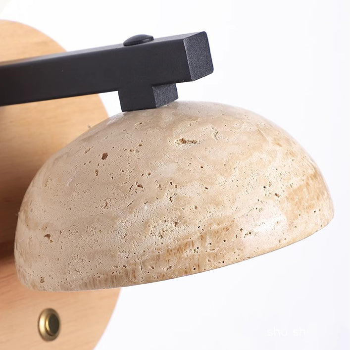Traditionelle japanische halbrunde Kuppel gelb Travertin Schatten Holzsockel LED Wandleuchte Lampe für Wohnzimmer 