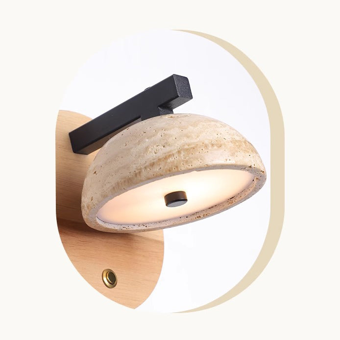 Aplique de pared LED con base de madera y pantalla de travertino amarillo en forma de cúpula media tradicional japonesa para sala de estar 