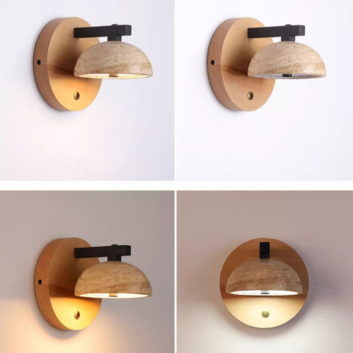 Aplique de pared LED con base de madera y pantalla de travertino amarillo en forma de cúpula media tradicional japonesa para sala de estar 