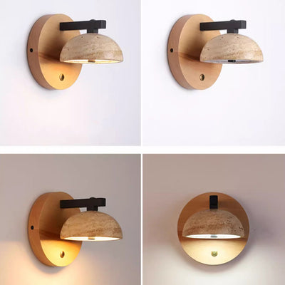 Traditionelle japanische halbrunde Kuppel gelb Travertin Schatten Holzsockel LED Wandleuchte Lampe für Wohnzimmer 
