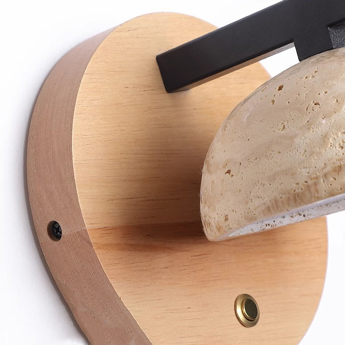 Traditionelle japanische halbrunde Kuppel gelb Travertin Schatten Holzsockel LED Wandleuchte Lampe für Wohnzimmer 