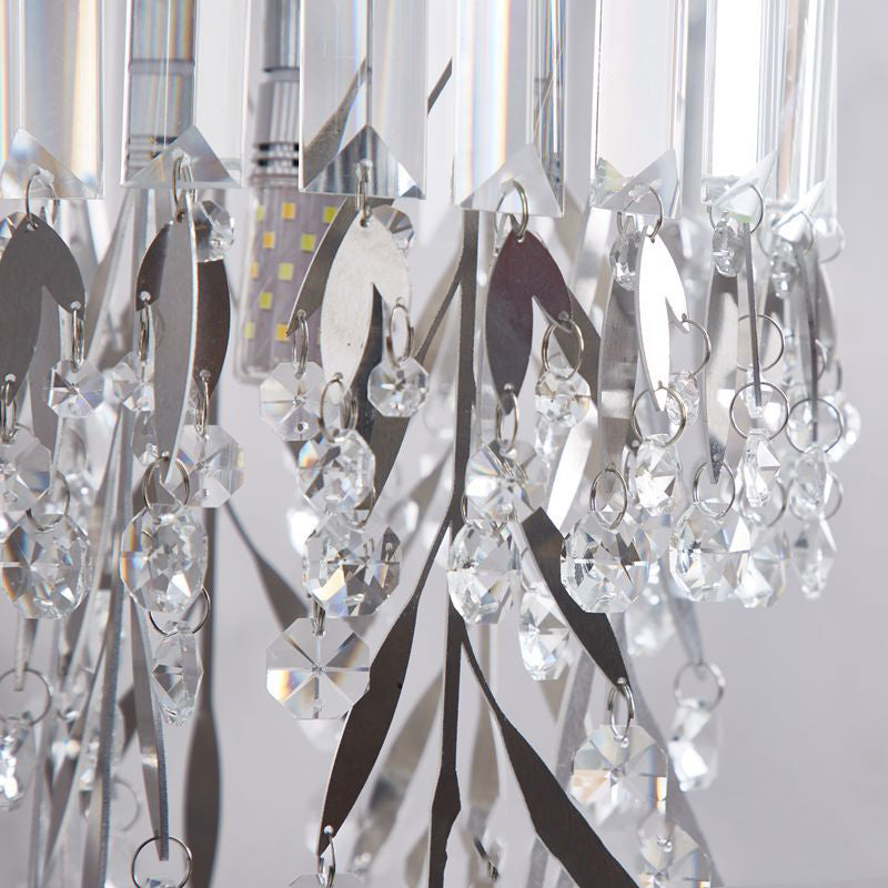 Lampe murale moderne de luxe à un éclairage avec abat-jour rond en cristal, cadre en acier inoxydable et bras courbé pour chambre 