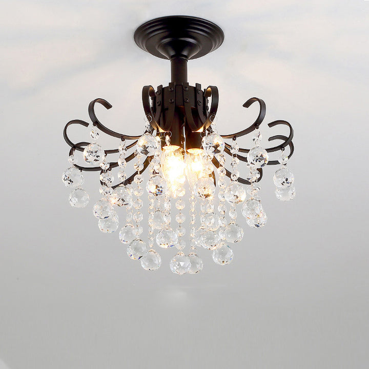 Traditional European Round Curved Pole Carved Crystal Shade Iron Frame 3-Light Semi-Flush Mount Ceiling Light For Living Room
