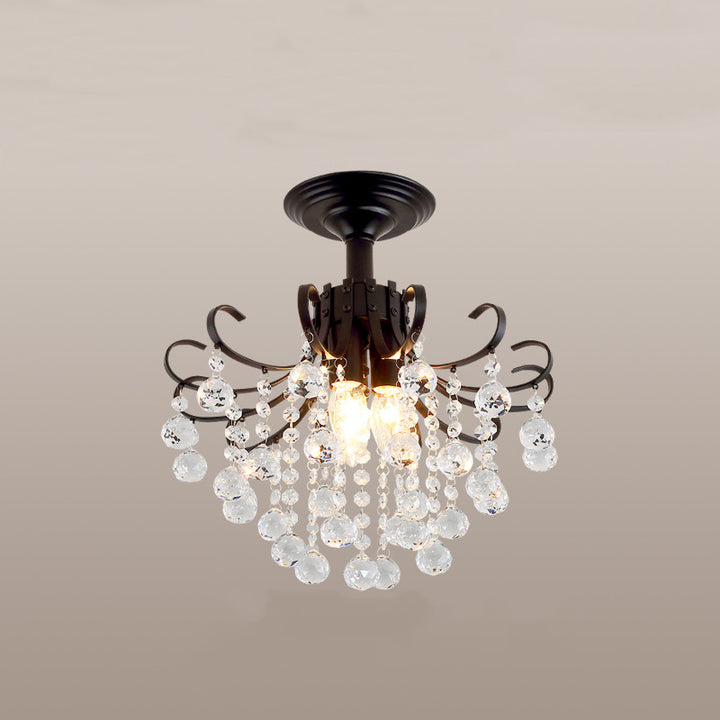 Traditional European Round Curved Pole Carved Crystal Shade Iron Frame 3-Light Semi-Flush Mount Ceiling Light For Living Room
