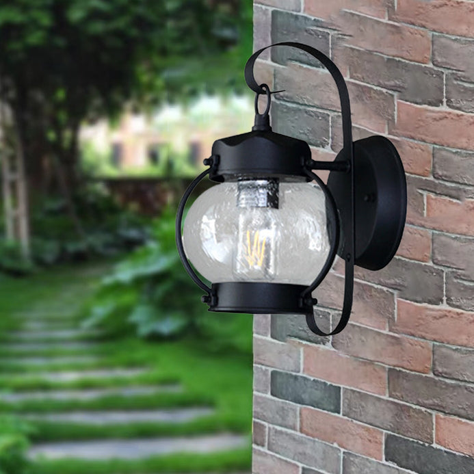 Lanterne ovale ronde rustique traditionnelle Cadre en aluminium Abat-jour en verre Applique murale à 1 lumière pour jardin 