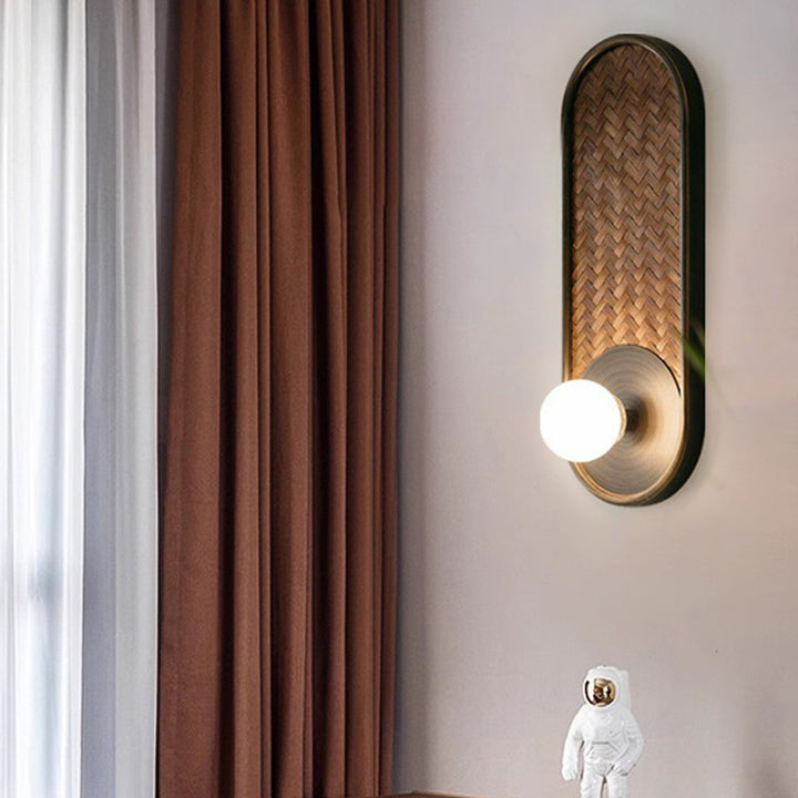 Lámpara Aplique de Pared de 1 Luz con Vidrio y Madera en Forma de Óvalo Orb Tradicional Japonesa para Sala de Estar 