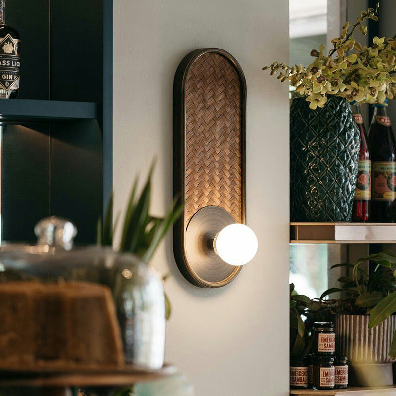 Applique murale en bois et verre ovale traditionnelle japonaise 1 lumière pour salon 