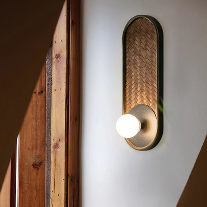 Lámpara Aplique de Pared de 1 Luz con Vidrio y Madera en Forma de Óvalo Orb Tradicional Japonesa para Sala de Estar 