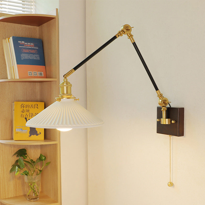 Applique murale 1 lumière avec abat-jour en céramique, bois, fer, cône rond, long poteau pliable rétractable japonais traditionnel pour chambre 