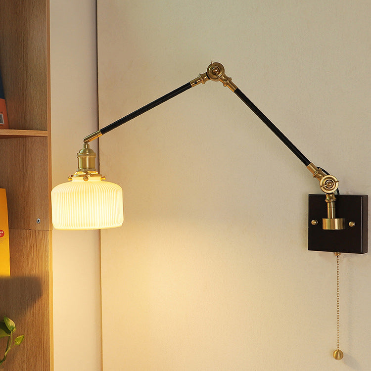 Applique murale 1 lumière avec abat-jour en céramique, bois, fer, cône rond, long poteau pliable rétractable japonais traditionnel pour chambre 