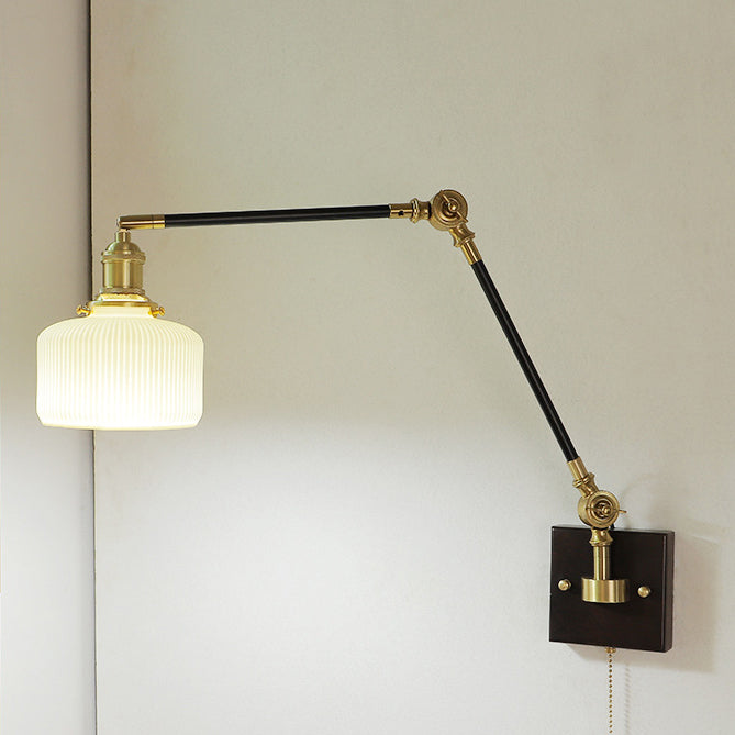 Applique murale 1 lumière avec abat-jour en céramique, bois, fer, cône rond, long poteau pliable rétractable japonais traditionnel pour chambre 