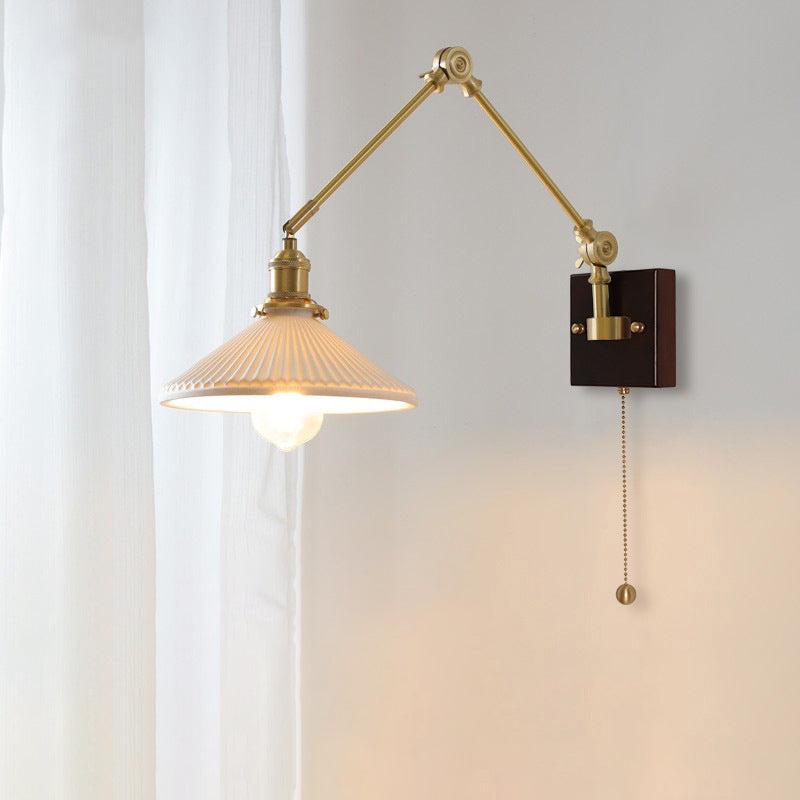 Applique murale 1 lumière avec abat-jour en céramique, bois, fer, cône rond, long poteau pliable rétractable japonais traditionnel pour chambre 
