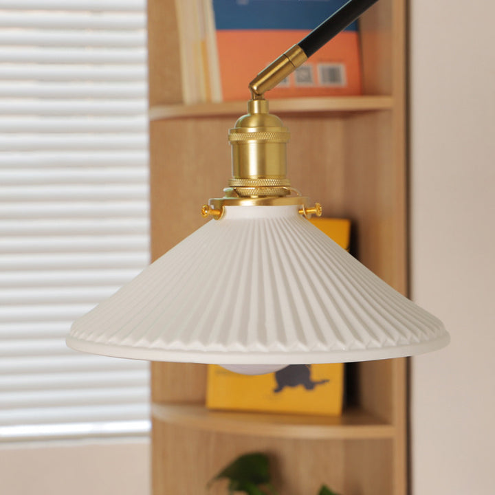 Applique murale 1 lumière avec abat-jour en céramique, bois, fer, cône rond, long poteau pliable rétractable japonais traditionnel pour chambre 