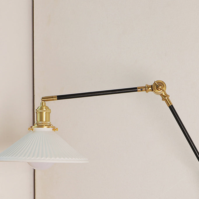 Applique murale 1 lumière avec abat-jour en céramique, bois, fer, cône rond, long poteau pliable rétractable japonais traditionnel pour chambre 