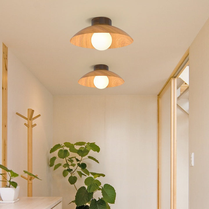 Moderne minimalistische runde Kuppel Holzmaserung Eisen Schirm 1-Licht Semi-Flush Mount Deckenleuchte für Wohnzimmer 