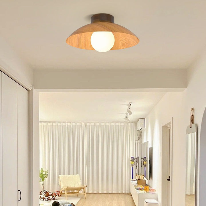 Moderne minimalistische runde Kuppel Holzmaserung Eisen Schirm 1-Licht Semi-Flush Mount Deckenleuchte für Wohnzimmer 