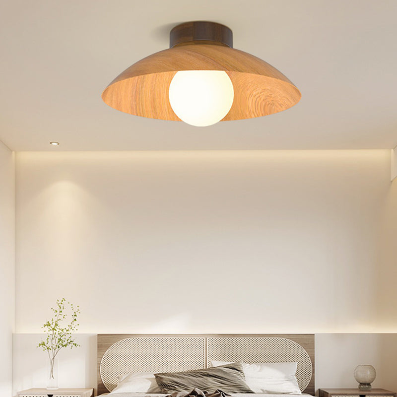 Lustre semi-encastré à 1 lumière avec abat-jour en fer à grain de bois rond minimaliste moderne pour salon 