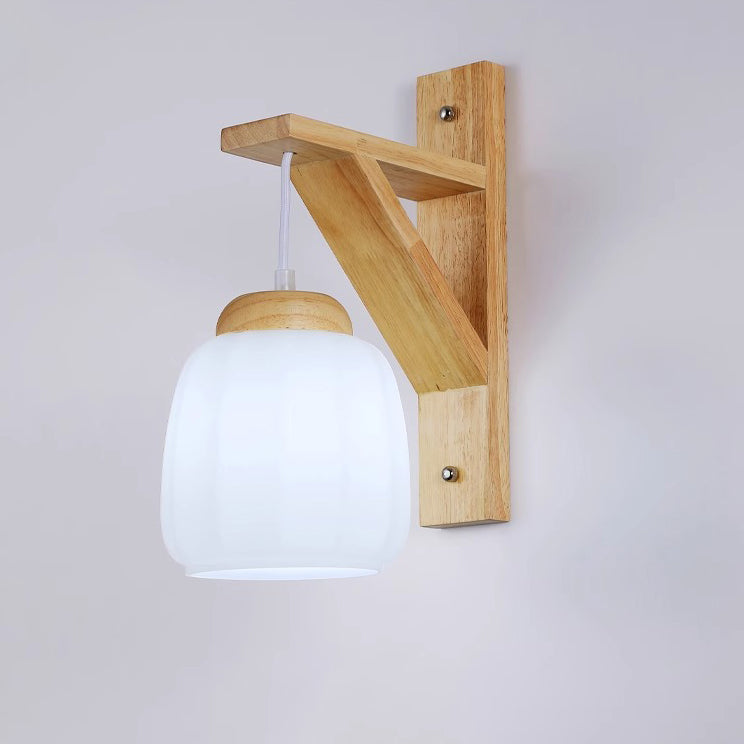Zeitgenössische nordische Wandlampe mit Dreibein-Basis, rundem Blumenstoff, Glasschirm und Holz 1-Licht für Schlafzimmer 
