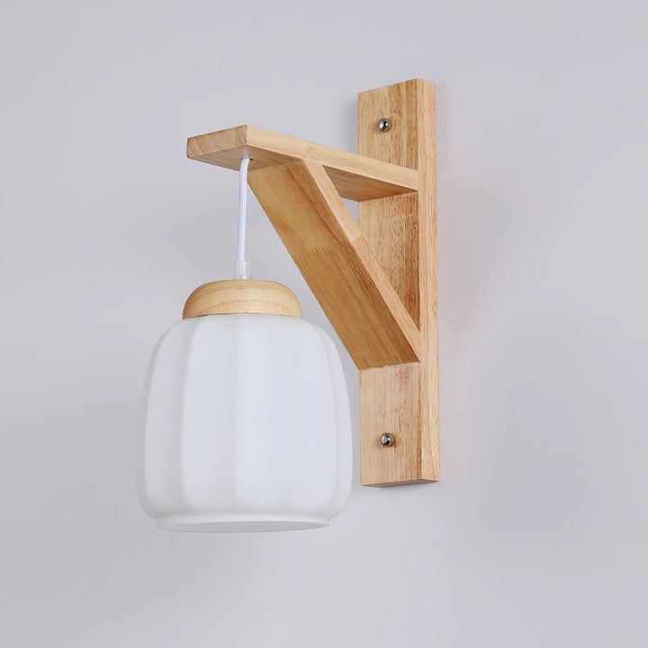 Zeitgenössische nordische Wandlampe mit Dreibein-Basis, rundem Blumenstoff, Glasschirm und Holz 1-Licht für Schlafzimmer 