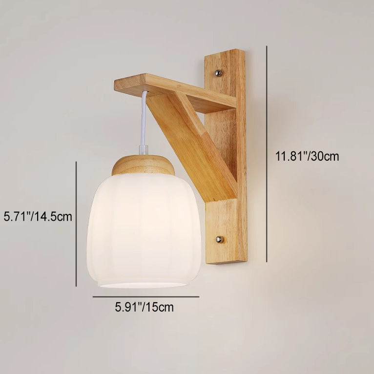 Zeitgenössische nordische Wandlampe mit Dreibein-Basis, rundem Blumenstoff, Glasschirm und Holz 1-Licht für Schlafzimmer 