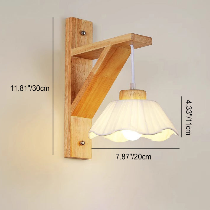 Zeitgenössische nordische Wandlampe mit Dreibein-Basis, rundem Blumenstoff, Glasschirm und Holz 1-Licht für Schlafzimmer 