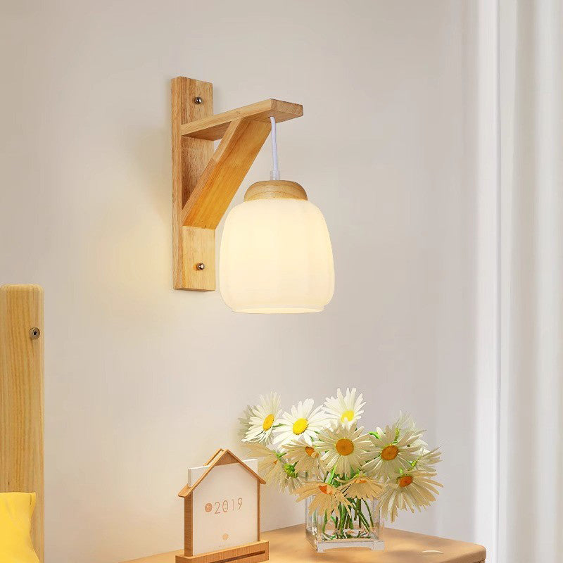 Zeitgenössische nordische Wandlampe mit Dreibein-Basis, rundem Blumenstoff, Glasschirm und Holz 1-Licht für Schlafzimmer 