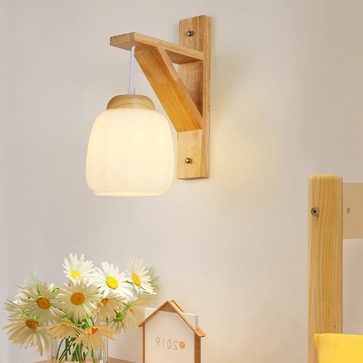 Zeitgenössische nordische Wandlampe mit Dreibein-Basis, rundem Blumenstoff, Glasschirm und Holz 1-Licht für Schlafzimmer 