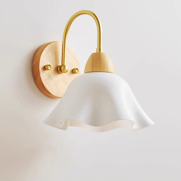 Contemporary Nordic Flower Curved Pole Acrylic Shade Wood Frame 1-Light Wall Sconce Lamp For Bedroom