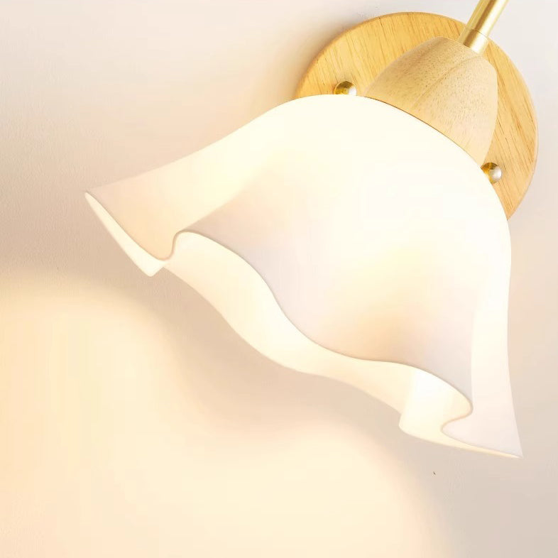 Contemporary Nordic Flower Curved Pole Acrylic Shade Wood Frame 1-Light Wall Sconce Lamp For Bedroom