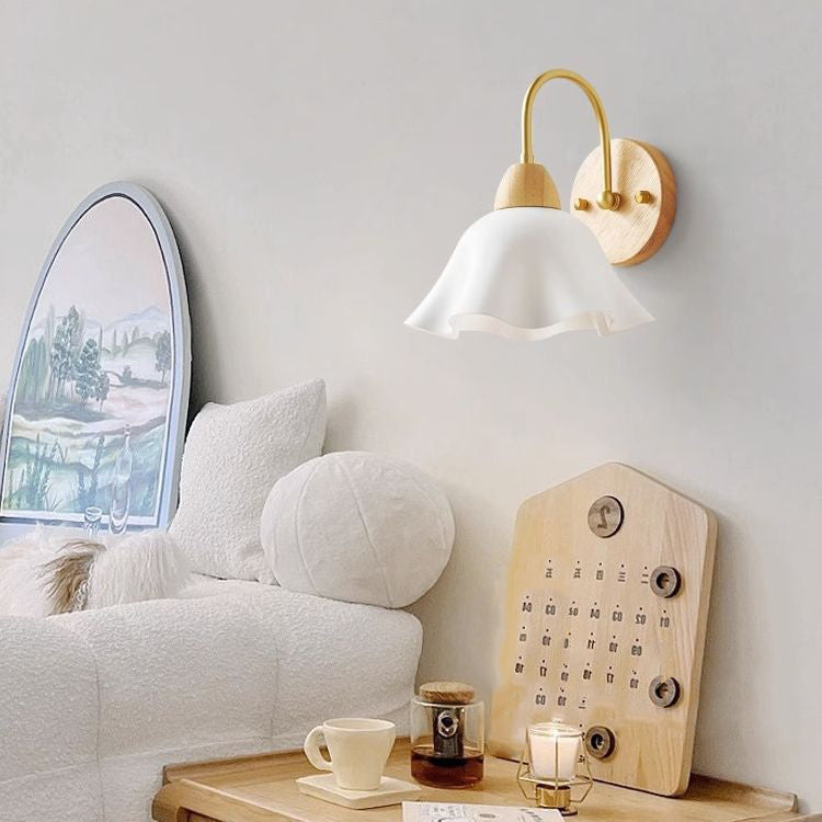 Contemporary Nordic Flower Curved Pole Acrylic Shade Wood Frame 1-Light Wall Sconce Lamp For Bedroom
