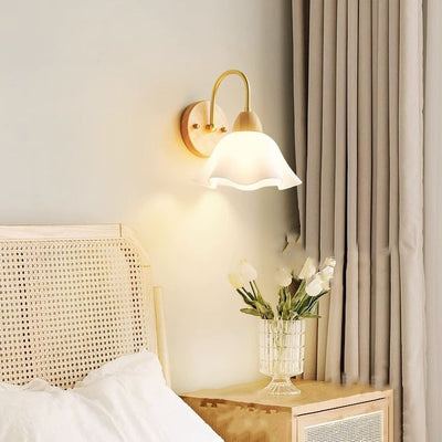Contemporary Nordic Flower Curved Pole Acrylic Shade Wood Frame 1-Light Wall Sconce Lamp For Bedroom