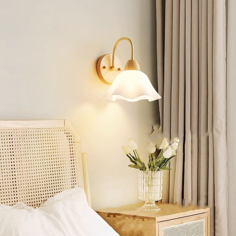 Contemporary Nordic Flower Curved Pole Acrylic Shade Wood Frame 1-Light Wall Sconce Lamp For Bedroom