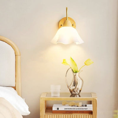 Contemporary Nordic Flower Curved Pole Acrylic Shade Wood Frame 1-Light Wall Sconce Lamp For Bedroom