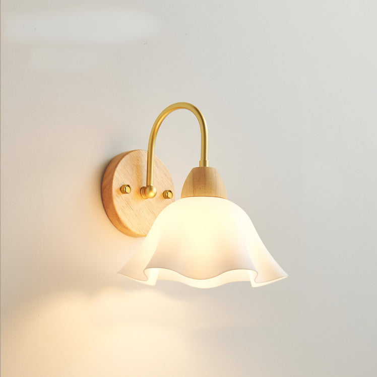 Contemporary Nordic Flower Curved Pole Acrylic Shade Wood Frame 1-Light Wall Sconce Lamp For Bedroom