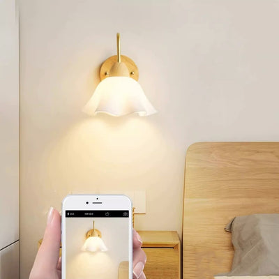 Contemporary Nordic Flower Curved Pole Acrylic Shade Wood Frame 1-Light Wall Sconce Lamp For Bedroom