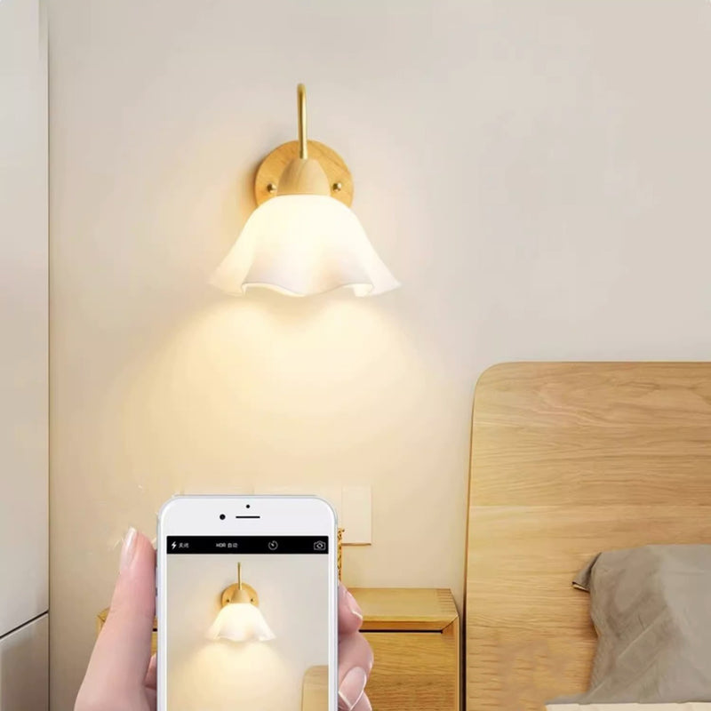 Contemporary Nordic Flower Curved Pole Acrylic Shade Wood Frame 1-Light Wall Sconce Lamp For Bedroom