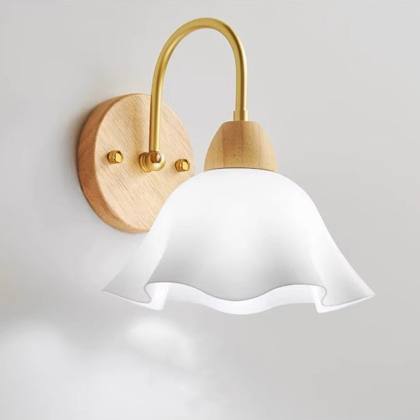 Contemporary Nordic Flower Curved Pole Acrylic Shade Wood Frame 1-Light Wall Sconce Lamp For Bedroom