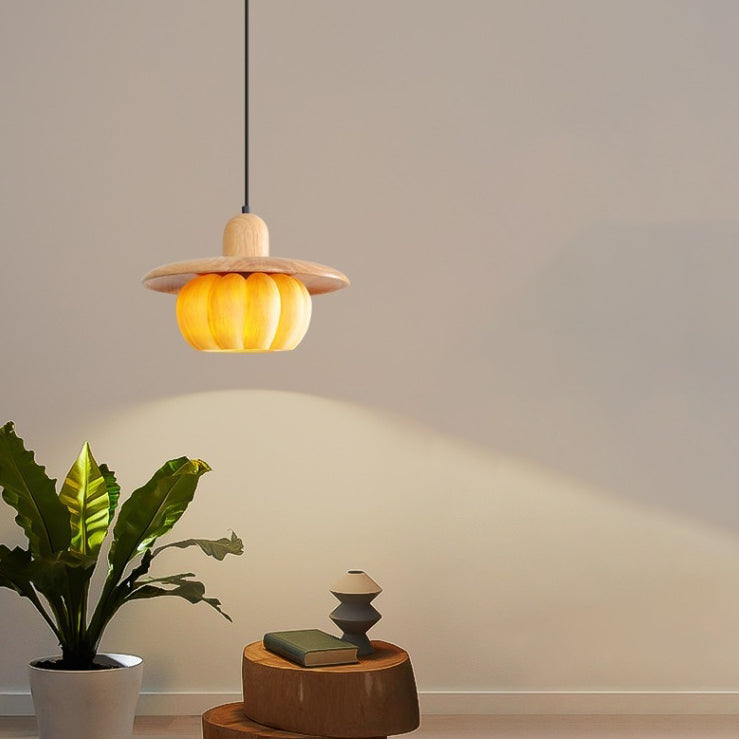Zeitgenössische kreative Disc-Kürbisform Holzharz-Schirm 1-Licht Pendelleuchte für das Wohnzimmer 