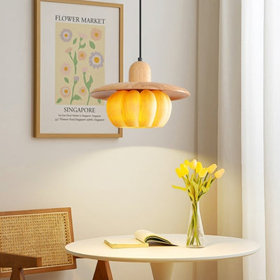 Zeitgenössische kreative Disc-Kürbisform Holzharz-Schirm 1-Licht Pendelleuchte für das Wohnzimmer 