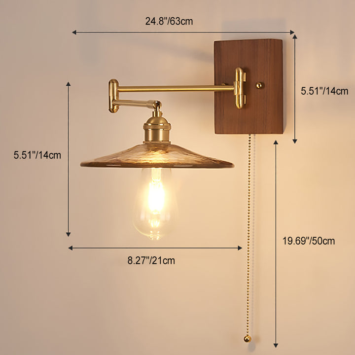 Traditional Vintage Swingable Square Base Conical Glass Shade Wooden Copper 1-Light Wall Sconce Lamp For Bedroom
